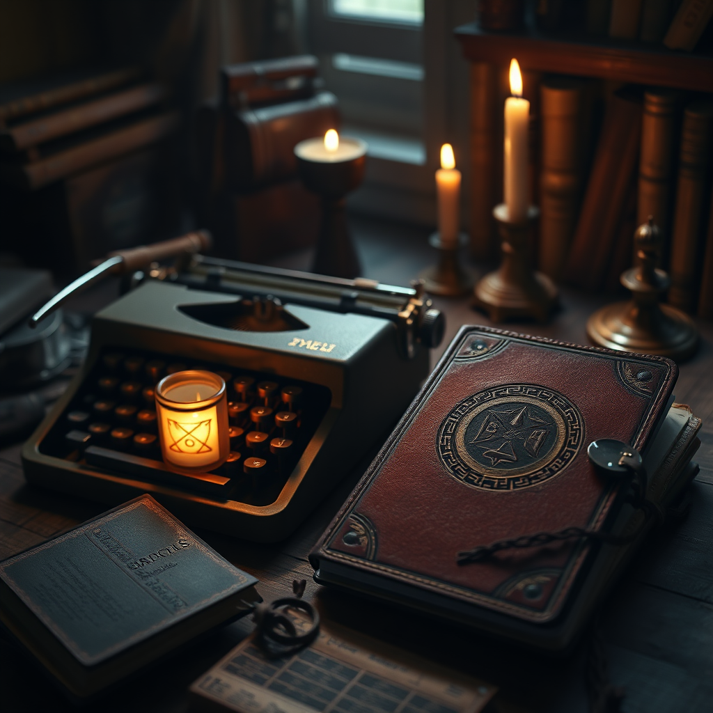Cinematic author desk with dark mythic atmosphere